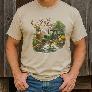 Outdoor Enthusiasts Hunting Fishing Farming Scene Beige Men's Short Sleeve Tee